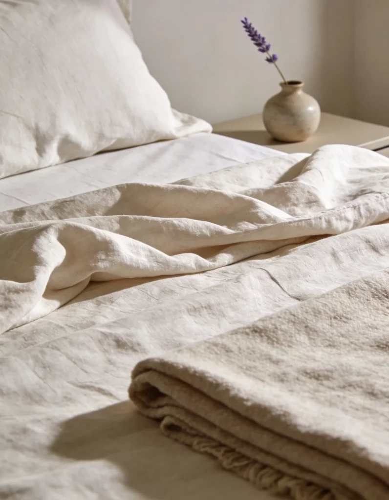 Freepik closeup photo of neatly made linen bed with layere