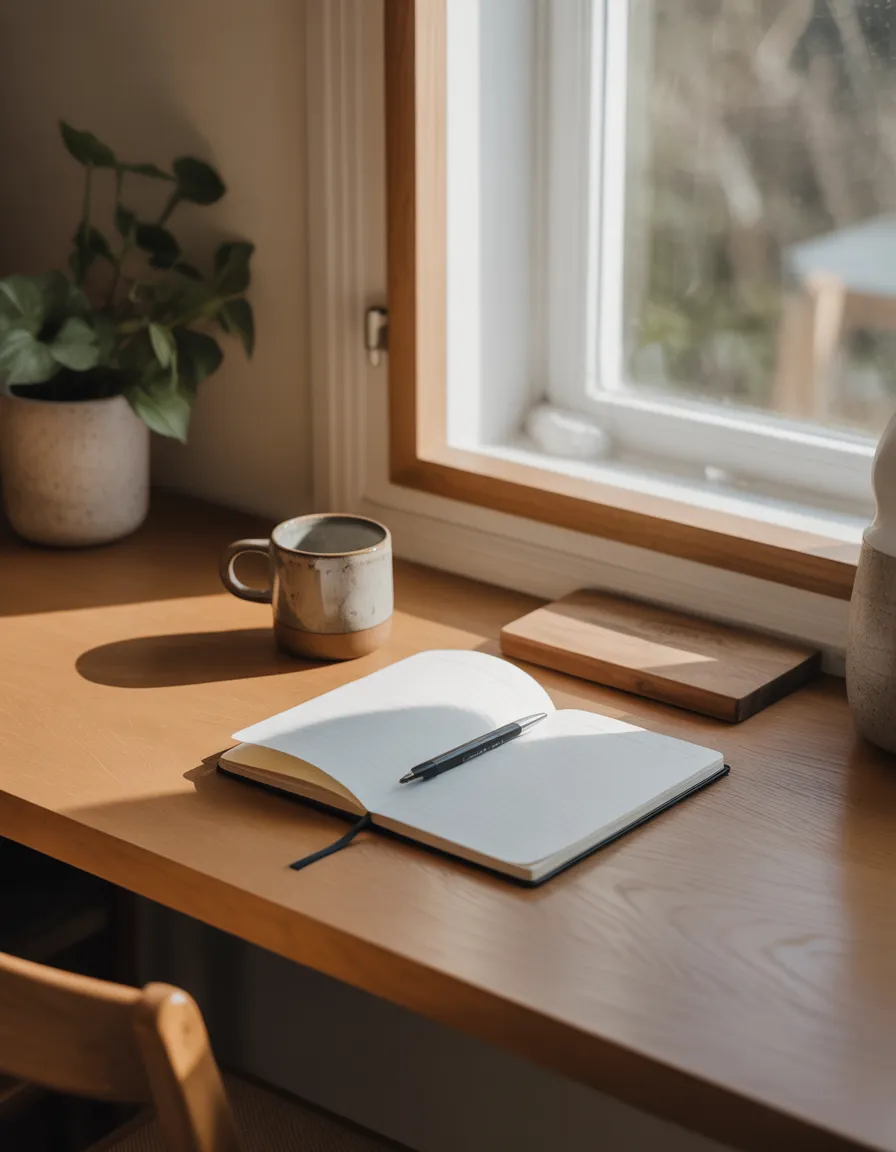 Freepik realistic photo of a simple wooden desk by a windo